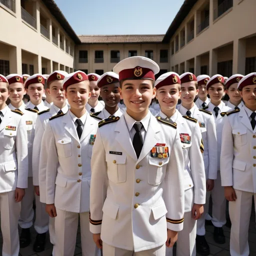 Prompt: Photorealistic image of an Army of approximately 300 students from a military school

Position: Front view, at attention

Expression: Happy, smiling faces

Diversity: Various nationalities and origins

Uniform: white suit, black shoes. 
There are no emblems or decorations on the costume. Dark Brown Beret

Background: A courtyard like a military academy.

Style: Drawing style. 
Natural light, 18mm lens, with open depth of field.