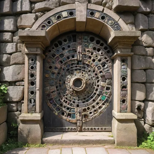 Prompt: magical stone door with 40 keyholes each of which has a different petrograph of an anima