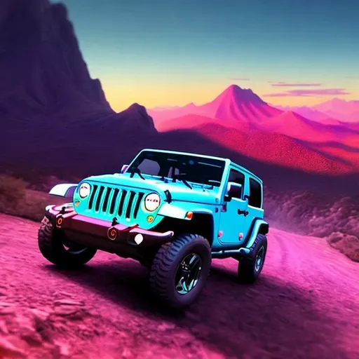 Prompt: Synthwave jeep wrangler coupe driving over hill in the mountain
