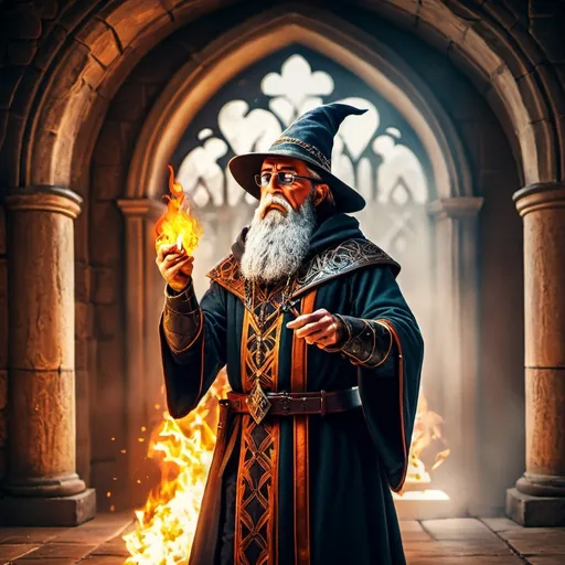 Prompt: (hyper-realistic human male wizard with fire hands), fantasy character art, illustration, dnd, warm tone, dramatic lighting, intense and fierce atmosphere, detailed facial features, mesmerizing fire with high details, glowing embers, medieval fantasy background, imposing stance, intricate cloak design, photorealistic, ultra-detailed, 4K quality, epic setting, cinematic feel, vibrant and warm hues of red and orange, fiery ambiance