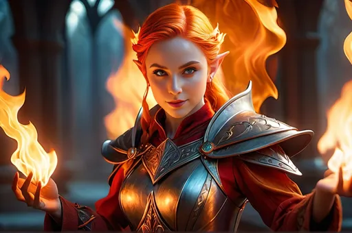 Prompt: (hyper-realistic Elf character with fire hands), fantasy character art, illustration, dnd, warm tone, dramatic lighting, glowing fire effects, intricate costume design, detailed facial features, powerful stance, medieval fantasy background, high fantasy, vibrant hues of red and orange, ultra-detailed, 4K, award-winning illustration, cinematic intensity, immersive atmosphere, magical ambiance, depth and dimension in character design.