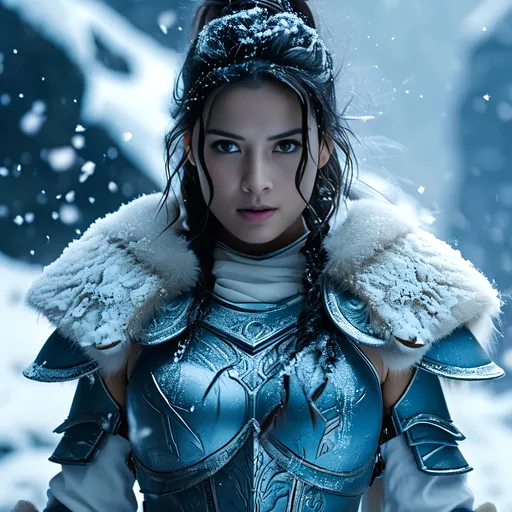 Prompt: (female snow warrior), (detailed armor), snow-covered landscape, (fierce expression), (abstract weapon), cold, ethereal mist, icy blue tones, high contrast, dramatic atmosphere, surrounded by swirling snowflakes, (epic scene), (4K), ultra-detailed, ready for battle, conveying strength and resilience, mystical energy emanating from her presence.