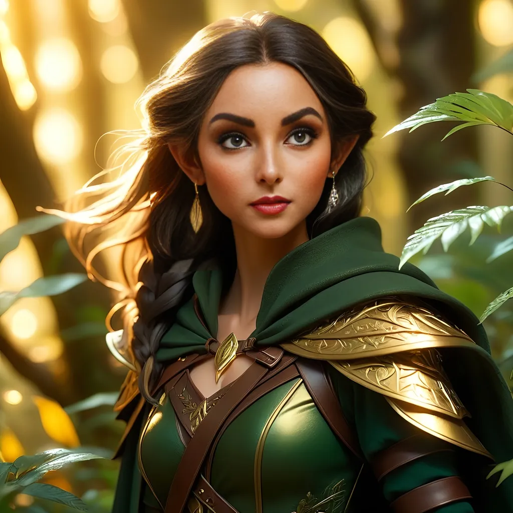 Prompt: (half elf thief), mystical forest, sunlight filtering through dense foliage, warm golden tones, ethereal lighting, soft shadows, enchanting atmosphere, determined expression, stealthy posture, high quality 4K, ultra-detailed, intricate outfit with leather and cloaks, daggers visible, ancient trees and magical plants in the background, subtle glows and sparkles, high depth cinematic masterpiece