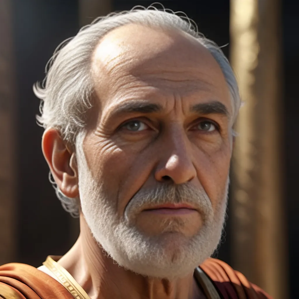 Prompt: create  A hyper-realistic, high quality, professional photographic image of an elderly ancient Greek priest of Apollo, very detailed realism in lighting highlights reflection off surfaces and moisture giving enhanced life-like realism to textures, 8k UHD high-definition  high-resolution photographic life-like portrait image,  ancient priest vestiments with gold highlights, taken with a 28mm short focal length, f/2.8 depth of field, 100 iso high quality macro-detailed film resolution. Dramatic lighting in a hazy diffused light beams cast high angle light with dramatic  high contrast soft lighting with deep shadows giving enhanced textures with vivid colors orange warm 1000.  A dreamy atmosphere gives a inspirational feel, spacious and expansive with extreme life-like realism in a dramatic dark noir style with an ancient temple of Apollo in the background...  Subject has short graying hair with ultra realistic texture, soft glow hair light. Dark brown eyes are hyper-realistic realistic with glistening reflective moisture highlights and reflects off eyes surface giving enhanced life-like realism to a soft glow in eyes brings out realism, 8k UHD  diffused light cast high contrast resolution with extreme life-like realistic glossy detail, soft glow reflection, eyes iris is 8k UHD ultra high-resolution realism with a faint glow. Sark olive skin tone wirh signs of aging is ultra realistic fine detailed, with moisture glistening on high resolution skin surfaces with 8k UHD ultra high definition on smooth skin.  forlorn look on his face .the subject has softbox umbrella diffused lighting at a side frontal high angle creating enhanced realism textures and dramatic high contrast with deep shadows. include a lyre