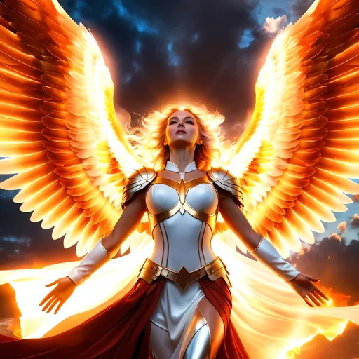 Prompt:  Realistic fantasy art of a female archangel, wings spread open, a fiery holy light shines on her from above. 