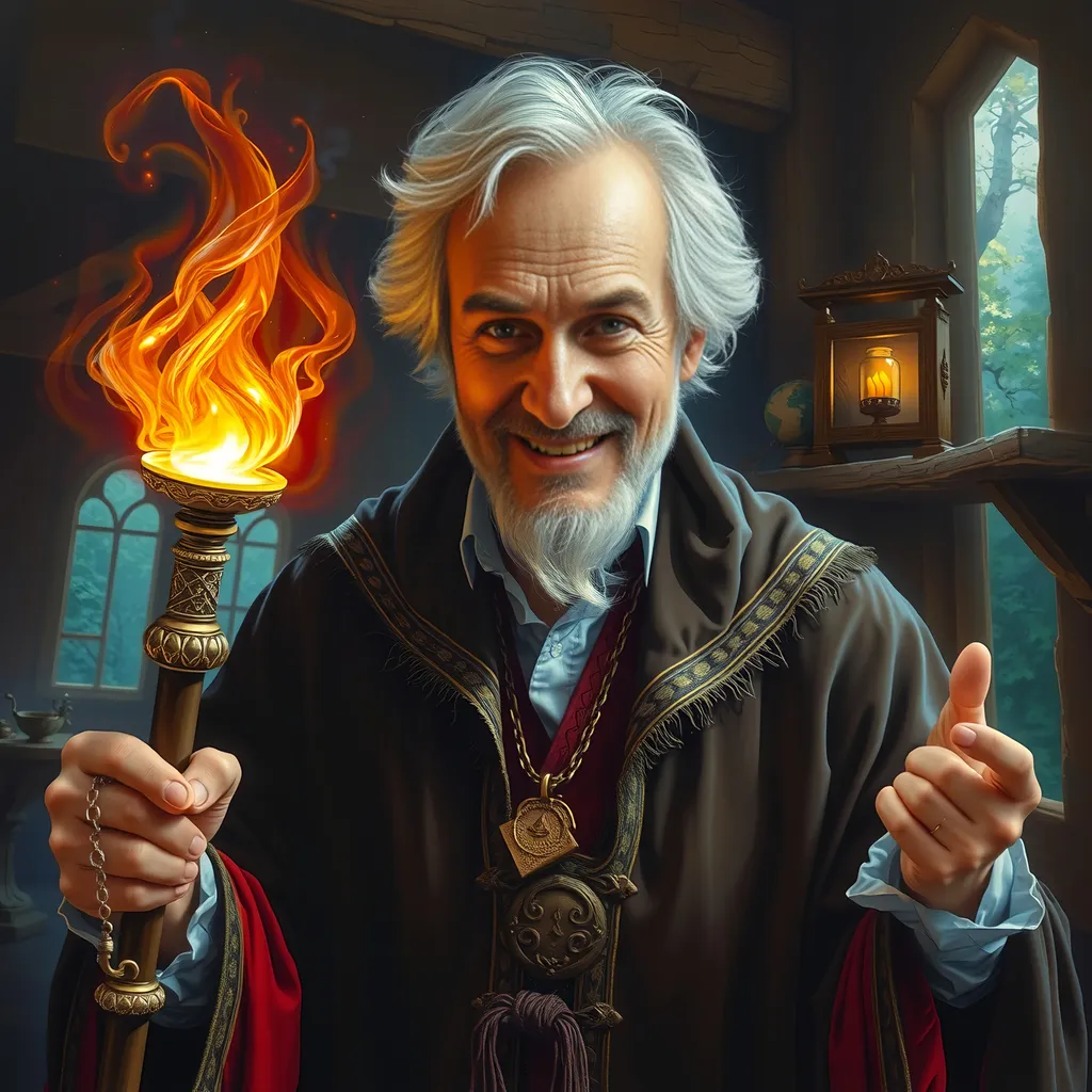 Prompt: Realistic dark fantasy oil painting, painted portrait of striking elderly actor(Tommy Chong), distinct looks, unique, holding a powerful legendary glowing staff of power, glowing with magical energy, wizard in a mage tower with an elevated forest view out the window, mischievous smile, enchanting, magical robes, mage's workshop, alchemy apparatus.