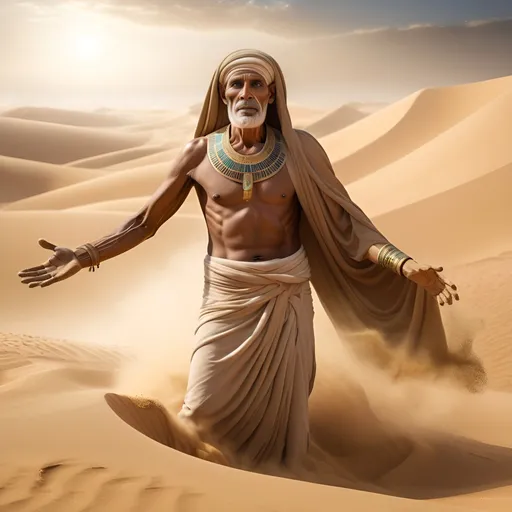 Prompt: Emerging from a sandstorm, a ghostly ancient man made entirely of sand, he struggles forward in traditional Egyptian attire. The lower half of his body dissolves into individual grains of sand, blown away by the wind. His outstretched hand reaches towards the viewer, offering something unseen. The scene is photo-realistic with warm lighting.