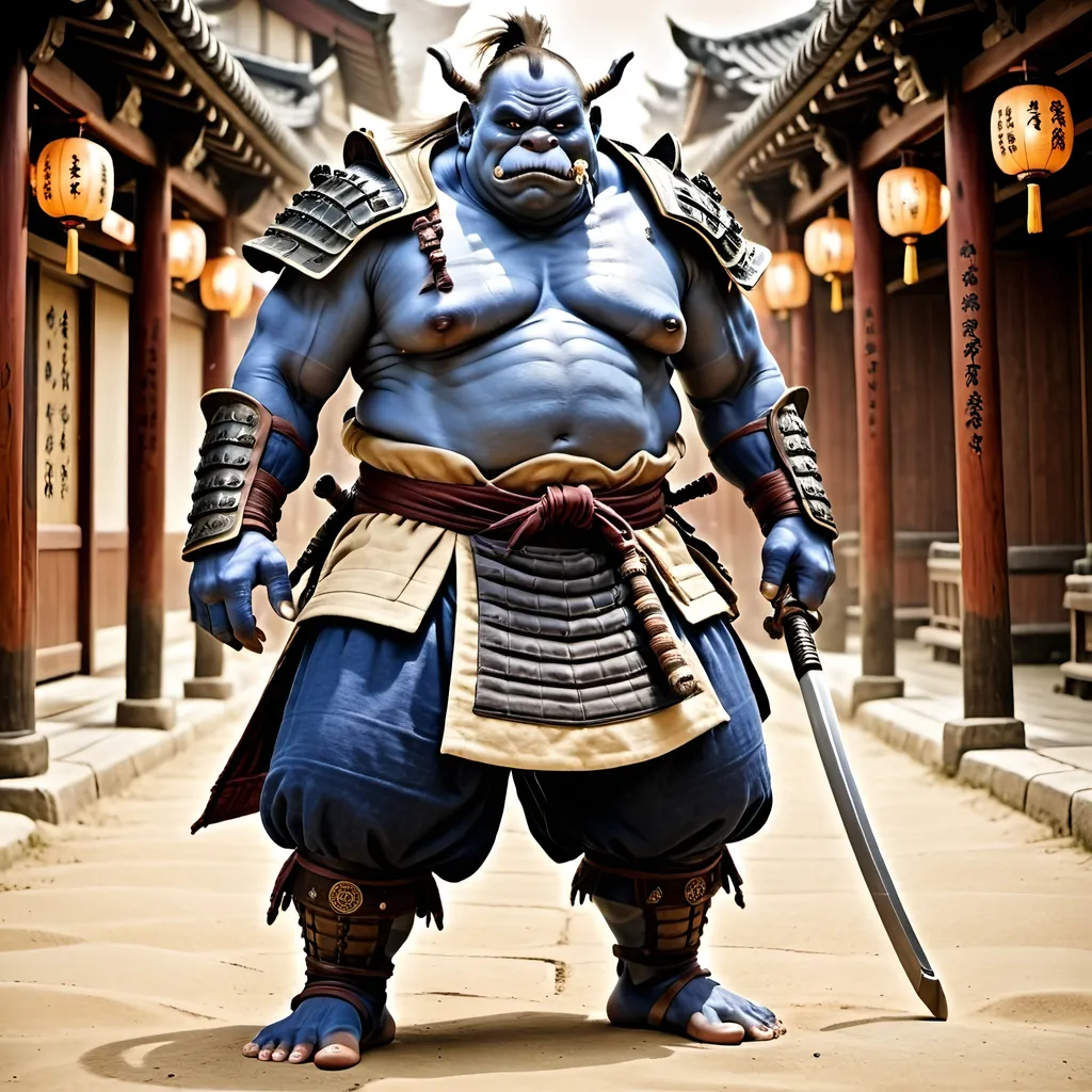 Prompt: A full photo of an Ogre-magi samurai::5 An ogre-magi, imposing with his blue skin and formidable stature, dressed in traditional oriental themed armor::4 he wears a cloth pants, flat wooden sandals, and carries a naginata:: sepia dream photography style