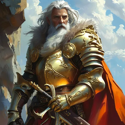 Prompt: Epic fantasy character art of a man with a beard, (detailed gold armor), (holding a sword and a magnificent golden glove), dynamic pose, (inspired by Alejandro Burdisio), high-quality concept art, vibrant colors, rich textures, intricate designs, dramatic lighting, enchanting background landscape, showcasing adventure and heroism, ultra-detailed, captivating ambiance of a fantasy realm.