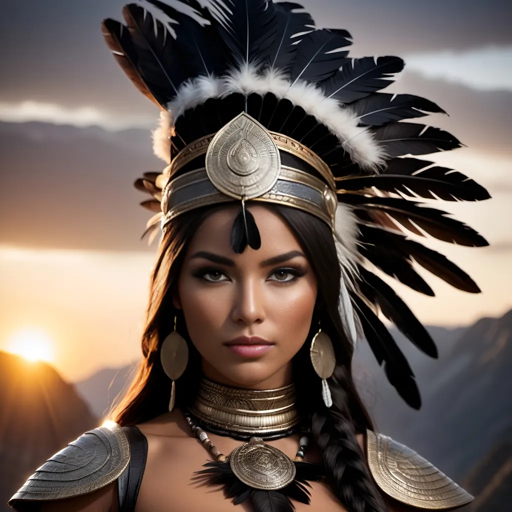 Prompt: A hyper-realistic, high quality, professional photographic image of a fierce female tribal warrior standing tall and proud against a backdrop of rugged mountains at dawn., very detailed realism in lighting highlights reflection off surfaces and moisture giving enhanced life-like realism to textures, 8k UHD high-definition  high-resolution photographic life-like portrait image muscular physique is adorned with intricate war paint, she wears a headdress made of feathers and animal bones, attire consists of a loincloth made from fur, and a chest plate crafted from scales, taken with a 28mm short focal length, f/2.8 depth of field, 100 iso high quality macro-detailed film resolution. Dramatic lighting in a hazy diffused light beams cast high angle light with dramatic  high contrast soft lighting with deep shadows giving enhanced textures with vivid colors.  A dreary atmosphere gives a haunting feel, spacious and expansive with extreme life-like realism in a dramatic dark noir style mountain backdrop with the sun rising Subject has black with ultra realistic texture, soft glow hair light. Dark eyes are hyper-realistic realistic with glistening reflective moisture highlights and reflects off eyes surface giving enhanced life-like realism to a soft glow in eyes brings out realism, 8k UHD  diffused light cast high contrast resolution with extreme life-like realistic glossy detail, soft glow reflection, eyes iris is 8k UHD ultra high-resolution realism with a faint glow. Tanned skin is ultra realistic fine detailed, with moisture glistening on high resolution skin surfaces with 8k UHD ultra high definition on scared skin and determined expression. subject has softbox umbrella diffused lighting at a side frontal high angle creating enhanced realism textures and dramatic high contrast with deep shadows.