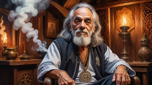 Prompt: Tommy Chong as a Wizard sitting smoking weed inside a mystical inn, oil painting, swirling smoke, intricate tapestries, high quality, fantasy, warm tones, magical lighting, detailed robes, wooden architecture, mystical, professional, atmospheric lighting