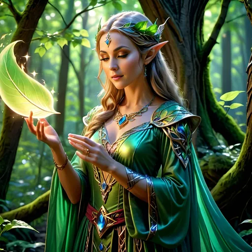 Prompt: (mystical elven enchantress casting a spell), dense enchanted woods, ethereal glow surrounding her, intricate flowing robes adorned with leaf patterns, delicate jewelry glimmering, vibrant colors highlighting her magic, soft ambient light filtering through leaves, (highly detailed) and (magical atmosphere), creating an impression of wonder and enchantment, 4K, ultra-detailed.