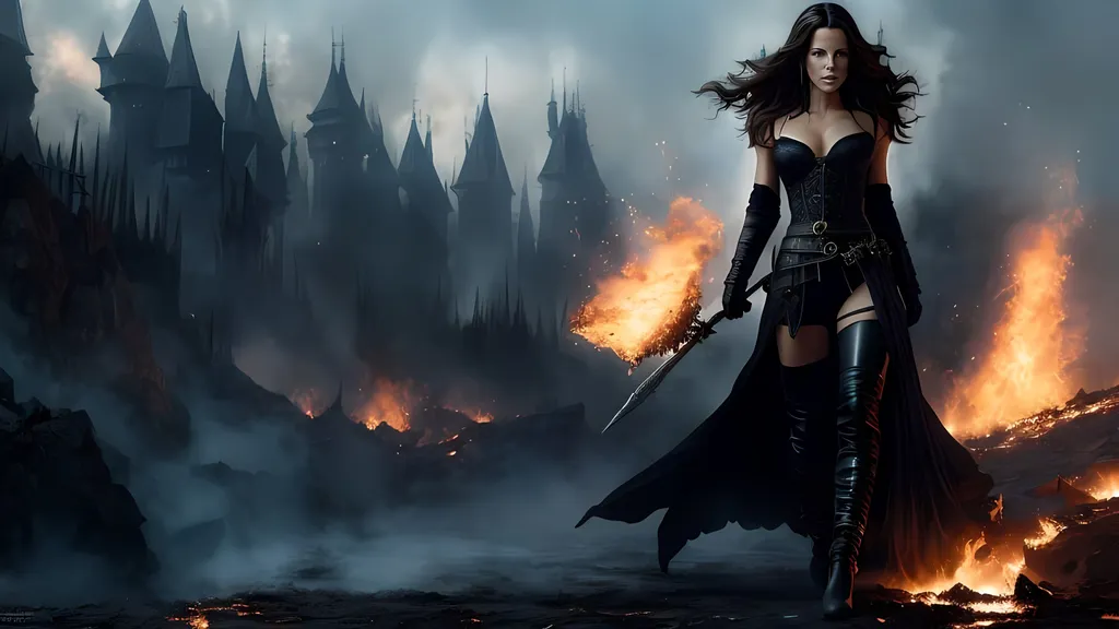 Prompt: A beautiful (Kate Beckinsale) pyromancer , black boots ,burning her way through the enemies in the medieval fantasy battlefield.
Grzegorz Rosiński, Luis Royo, detailed background, dark fantasy, colorful comic book illustration.