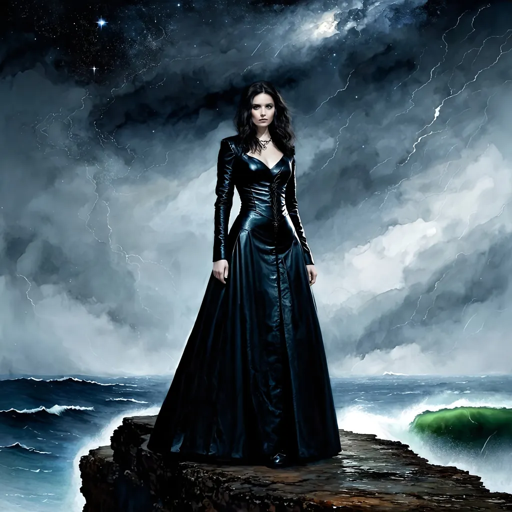 Prompt: Haunting Glow , sad lonely (ANY MODEL) in black leather gothic dress is standing on the edge of a cliff, stormy ocean, gothic, macabre, Stary, stary night, watercolor, intricate detailing, watercolor, stunning, intricate, detailed, moody, atmospheric, foggy: mystery light, ( Tim Burton or Heraldo Ortega) style