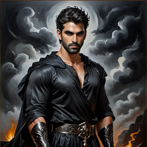 Prompt: <mymodel>Contemporary Greek interpretation of Hades, oil painting, stylish modern clothing, confident stance, dark and brooding expression, detailed facial features, high quality, realistic, contemporary, oil painting, Greek mythology, dark and brooding, detailed facial features, stylish, modern, confident stance, atmospheric lighting