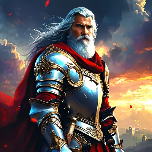 Prompt: Epic fantasy character art of a man with a beard, (detailed silver armor), (holding a sword ), dynamic pose, (inspired by Alejandro Burdisio), high-quality concept art, vibrant colors, rich textures, intricate designs, dramatic lighting, enchanting background landscape, showcasing adventure and heroism, ultra-detailed, captivating ambiance of a fantasy realm.