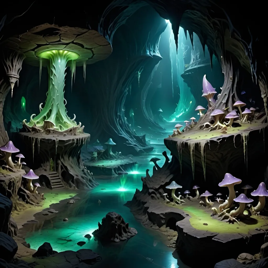 Prompt: A highly detailed and photorealistic depiction of an Underdark landscape in Dungeons and Dragons. The environment is dark and foreboding, with towering, bioluminescent mushrooms of various sizes casting a faint glow across the cavern. The ground is uneven, with large, jagged rocks covered in a slick layer of greenish slime, giving the setting an eerie, damp appearance. Iridescent Oozes creep slowly along the walls and floor, their gelatinous forms reflecting the dim light. The atmosphere is oppressive and claustrophobic, with shadows clinging to every surface, and faint, distant sounds of dripping water echoing through the cavern. The overall scene feels alien and dangerous, a perfect representation of the treacherous depths of the Underdark.