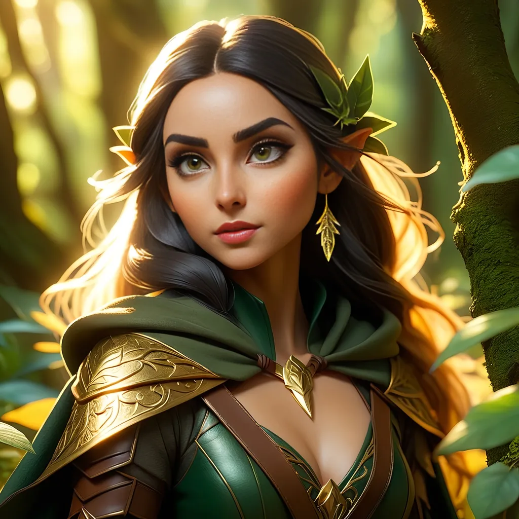 Prompt: (half elf thief), mystical forest, sunlight filtering through dense foliage, warm golden tones, ethereal lighting, soft shadows, enchanting atmosphere, determined expression, stealthy posture, high quality 4K, ultra-detailed, intricate outfit with leather and cloaks, daggers visible, ancient trees and magical plants in the background, subtle glows and sparkles, high depth cinematic masterpiece