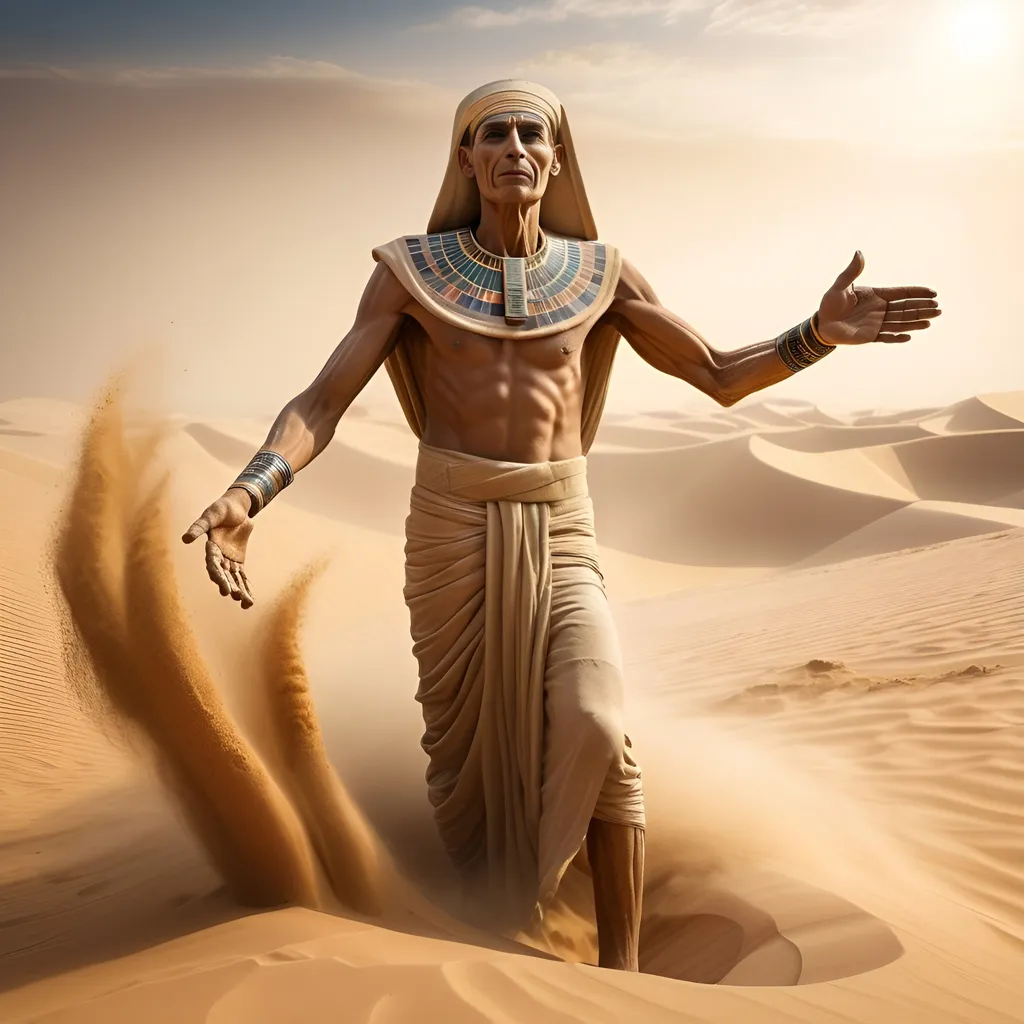 Prompt: Emerging from a sandstorm, a ghostly ancient man made entirely of sand, he struggles forward in traditional Egyptian attire. The lower half of his body dissolves into individual grains of sand, blown away by the wind. His outstretched hand reaches towards the viewer, offering something unseen. The scene is photo-realistic with warm lighting.