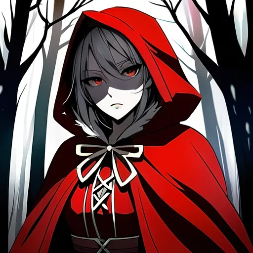 Prompt: Anime illustration of the Big Bad Wolf and Little Red Riding Hood, dark and ominous forest setting, detailed wolf fur with fierce expression, elegant and innocent Little Red Riding Hood with flowing red cloak, magical and mystical atmosphere, high quality, anime, fantasy, dark tones, detailed characters, atmospheric lighting