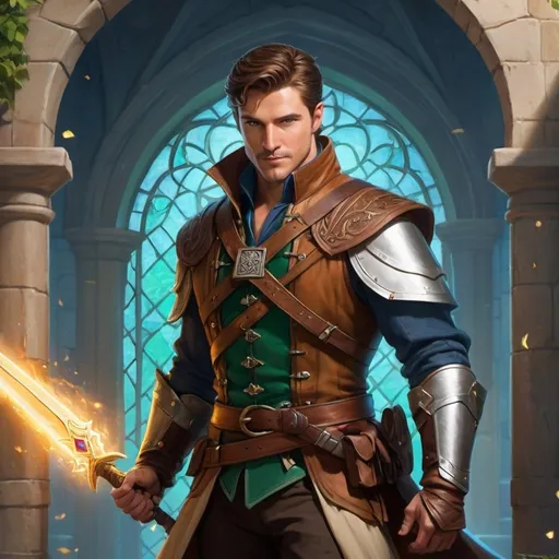 Prompt: Flynn Templar, a nimble and charming human bard with noble roots, wields a magical instrument and a green-gemmed dagger. At 27, this blue-eyed rogue, once of the Kingdom of Darien, now lives as an outcast, seeking redemption for his family's approva