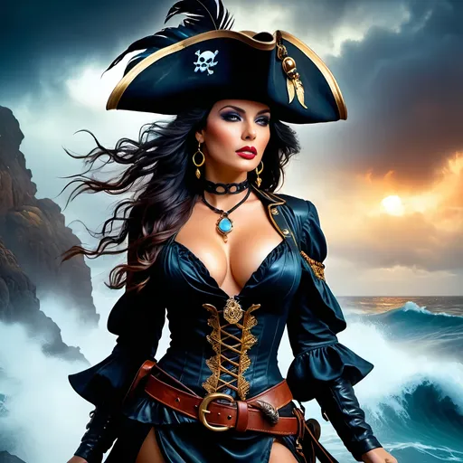 Prompt: Rubenesque pirate woman, (dramatic pose), vibrant colors, (high fantasy), inspired by (Boris Vallejo art style), flowing dark hair, intricate pirate attire, richly detailed accessories, wearing a hat with a feather, stormy sea background, atmospheric fog, piercing gaze, (dynamic lighting), ultra-detailed, cinematic composition, encapsulating adventure and allure.