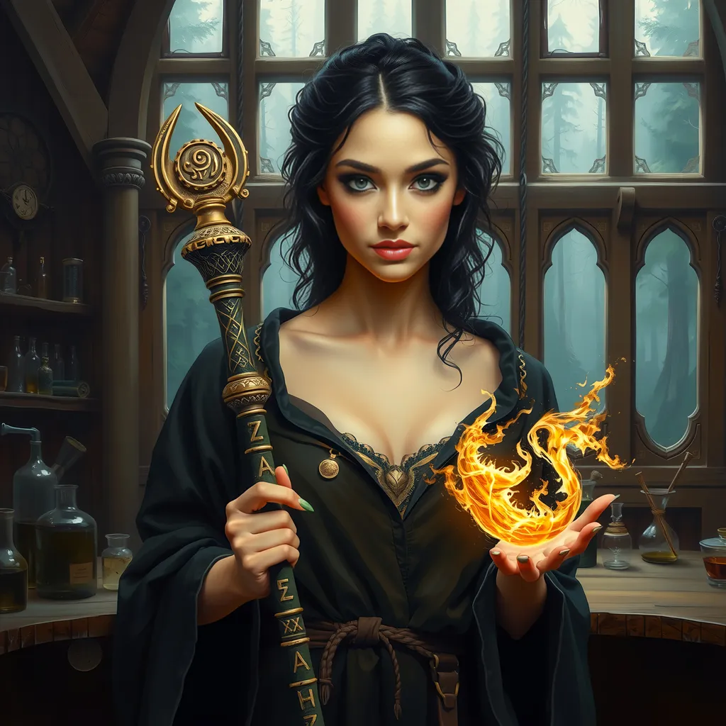 Prompt: Realistic dark fantasy oil painting, painted portrait of a striking beautiful actress, distinct looks, unique, holding a powerful legendary glowing wand of power, the staff is glowing with magical energy and etched with runes, wizard in a mage tower with an elevated forest view out the window, mischievous smile, enchanting, magical robes, mage's workshop, alchemy apparatus.