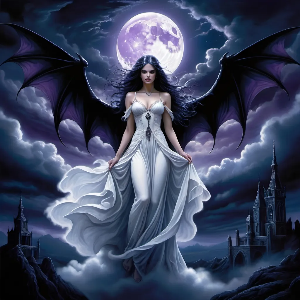 Prompt: a beautiful woman, dressed in white,  emerging a cloud covered ground. An evil dark demon over her head in the night sky, Anne Stokes, gothic art, dark fantasy art, poster art