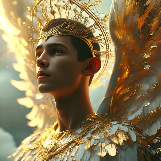 Prompt: (Archangel Gabriel), ethereal and divine presence, magnificent wings adorned with golden feathers, surrounded by celestial light, intricate halo reflecting soft rays, tranquil expression conveying wisdom and grace, heavenly background with clouds and a subtle radiant glow, shimmering details in attire, high-quality 4K resolution, vibrant colors creating a serene atmosphere, majestic and awe-inspiring.