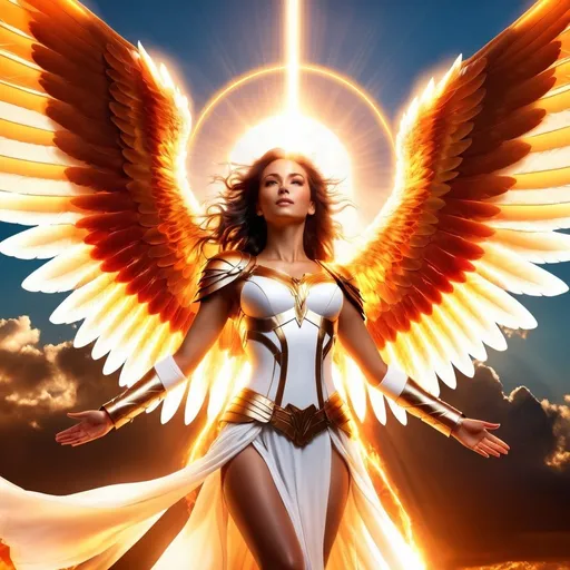 Prompt:  Realistic fantasy art of a female archangel, wings spread open, a fiery holy light shines on her from above. 