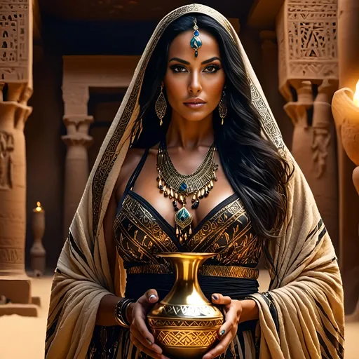 Prompt: <mymodel>4K photorealistic quality, Middle Eastern folklore-themed female character, long flowing black hair with gold accents, deep brown eyes, wearing an ornate desert robe with intricate patterns, holding a vase of water, Blur the background to create a three-dimensional effect, atmosphere, standing in a desert kingdom bringing prosperity, radiant skin, flowing hair, glossy lips, kind eyes, full body, dynamic pose, life size, perfect anatomy, detailed skin texture, full HD, 4K, HDR, perfect anatomy, depth of field.