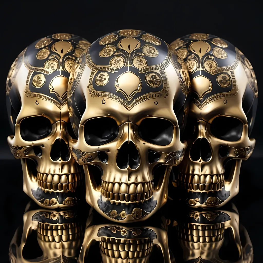 Prompt: A striking high-definition image of three golden skulls with intricate black Egyptian designs. Each skull features a unique design, adding character and depth to the composition. The skulls are placed on a highly reflective surface, allowing viewers to see their own reflections, enhancing the interactive aspect of the piece. The background is a deep, jet-black void, allowing the skulls to stand out and command attention.
