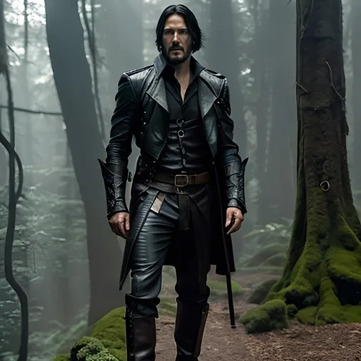 Prompt: Keano Reeves, renowned for his roles in "The Matrix" and "John Wick," immersed in the fantastical world of Dungeons and Dragons as a seasoned Ranger. He stands tall and vigilant in a vast, emerald-hued forest, with dappled sunlight piercing through the dense canopy above. His attire is a harmonious blend of practicality and style, reminiscent of his on-screen personas. He wears a well-worn leather jerkin with intricate elven stitching, layered over a form-fitting shirt of chainmail that glints with each movement. The Ranger's pants are made of a durable, yet lightweight fabric, perfect for navigating the rugged terrain. His boots are sturdy and adorned with metal plates, offering protection without sacrificing stealth.