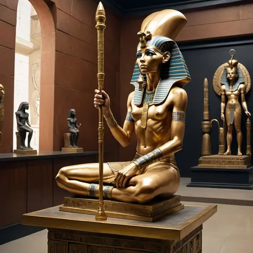 Prompt: a large golden staff sitting on top of a table in a room with a statue behind it and a gold handle, Afewerk Tekle, photorealism, the fifth element artifacts, egyptian art