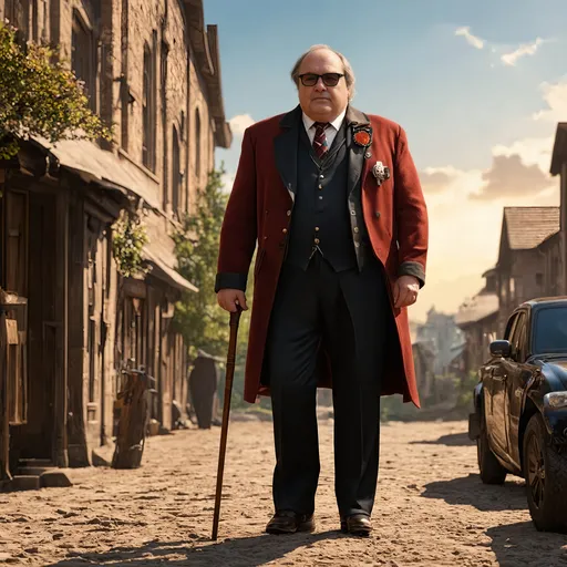 Prompt: Hyperrealistic over detailed Portrait of (Danny Devito) in an steampunk outfit with a cane. The town of the early 20th century in the background. Concept art in a complex mixed technique with characteristic textures of canvas and parchment, 16K, Pixar, Disney, concept art, 3d digital art, Maya 3D, ZBrush Central 3D shading, bright colored background, radial gradient background, cinematic, Reimagined by industrial light and magic, 4k resolution post processing