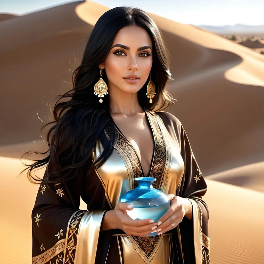 Prompt: <mymodel>4K photorealistic quality, Middle Eastern folklore-themed female character, long flowing black hair with gold accents, deep brown eyes, wearing an ornate desert robe with intricate patterns, holding a vase of water, Blur the background to create a three-dimensional effect, atmosphere, standing in a desert kingdom bringing prosperity, radiant skin, flowing hair, glossy lips, kind eyes, full body, dynamic pose, life size, perfect anatomy, 4 fingers and a thumb,  detailed skin texture, full HD, 4K, HDR, perfect anatomy, depth of field.