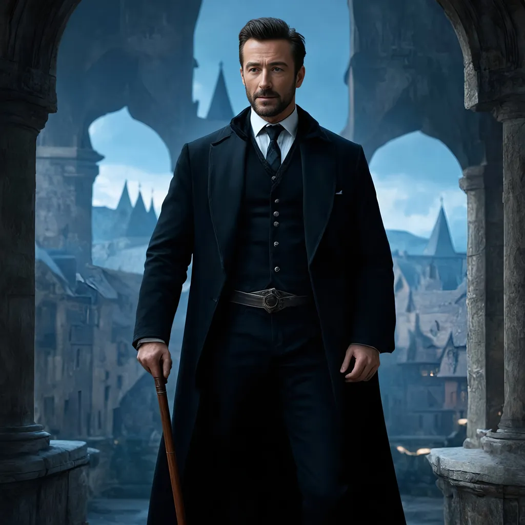 Prompt: Hyperrealistic over detailed Portrait of (Hugh Jackman) in an gothic outfit with a cane.  in the background is a town of a late medieval era. Concept art in a complex mixed technique with characteristic textures of canvas and parchment, 16K, Pixar, Disney, concept art, 3d digital art, Maya 3D, ZBrush Central 3D shading, bright colored background, radial gradient background, cinematic, Reimagined by industrial light and magic, 4k resolution post processing