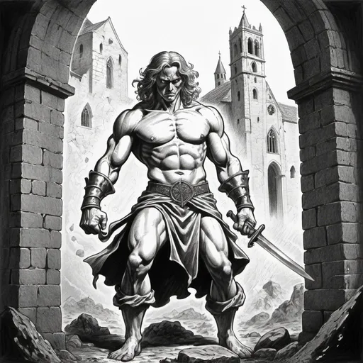 Prompt: Beautiful Black and White illustration from a Fighting Fantasy Book published in 1984, in a well drawn style, featuring a personification of one of the seven deadly sins this one being Greed, the background is an ancient abbey, action shot, frenetic, dramatic viewpoint, Black Keylining using a brush on white paper, ink on paper, solid black shadows, classical drawing technique, clean, flat artwork, simple, amazing composition, high contrast, fluid linework, accomplished, movement in figure drawing, sketch, crosshatching, artistic flair, extremely talented, Vintage Sword and Sorcery Comic Book influence --ar 63:74 --style raw