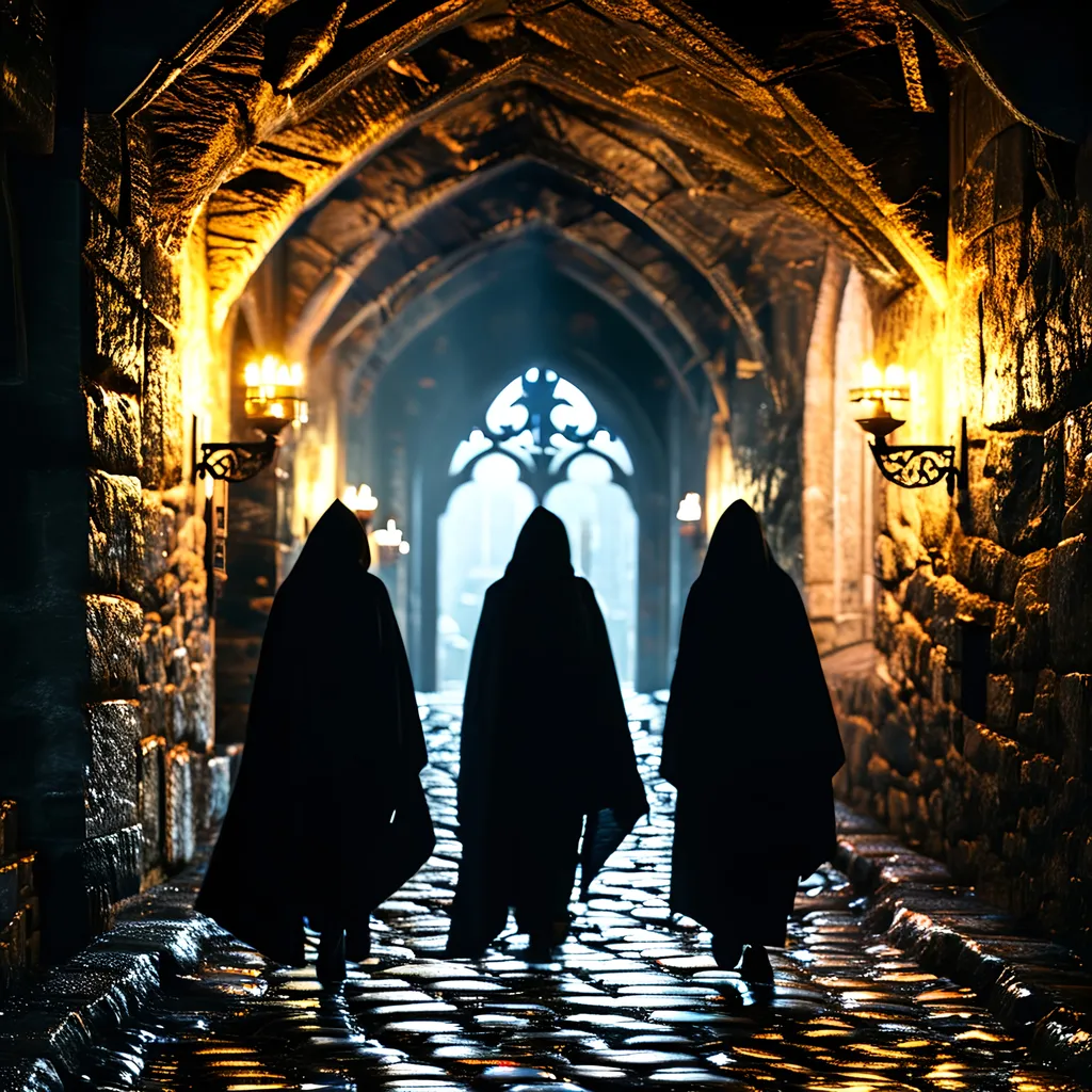 Prompt: (mysterious dark fantasy scene), under the cover of darkness, master thieves in stealthy black attire, expertly subduing guards, (intricate details of binding actions), desolate castle interior, flickering torches casting shadows, tension-filled atmosphere, (low-light cinematic portrait), dramatic lighting, shadowy backgrounds filled with opulence, (highly detailed, 4K resolution) depth of field.