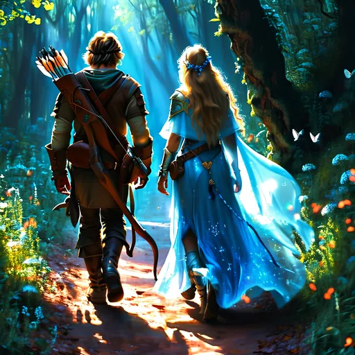 Prompt: Two adventurers walking together through a dense, enchanted forest—one male, a rugged ranger with a bow, dressed in earthy tones and leather armor, and the other female, a graceful sorceress glowing in ethereal light, holding a staff, and wearing flowing robes of deep blue and silver. They walk side by side, their contrasting skills, nature and magic, complementing each other. The ranger blends into the natural surroundings, while the sorceress exudes an aura of arcane power. The scene features detailed fantasy realism, intricate, flowing designs, and a touch of surreal atmosphere with elements of light and shadow emphasizing their journey together