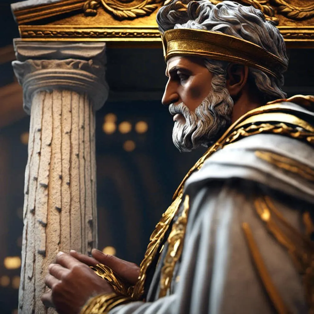 Prompt: <mymodel>A hyper-realistic, high quality, professional photographic image of an ancient Greek priest of Apollo, very detailed realism in lighting highlights reflection off surfaces and moisture giving enhanced life-like realism to textures, 8k UHD high-definition  high-resolution photographic life-like portrait image,  ancient priest vestiments with gold highlights, taken with a 28mm short focal length, f/2.8 depth of field, 100 iso high quality macro-detailed film resolution. Dramatic lighting in a hazy diffused light beams cast high angle light with dramatic  high contrast soft lighting with deep shadows giving enhanced textures with vivid colors orange warm 1000.  A dreamy atmosphere gives a inspirational feel, spacious and expansive with extreme life-like realism in a dramatic dark noir style with an ancient temple of Apollo in the background...  Subject has...short blonde hair.... with ultra realistic texture, soft glow hair light. bright blue eyes are hyper-realistic realistic with glistening reflective moisture highlights and reflects off eyes surface giving enhanced life-like realism to a soft glow in eyes brings out realism, 8k UHD  diffused light cast high contrast resolution with extreme life-like realistic glossy detail, soft glow reflection, eyes iris is 8k UHD ultra high-resolution realism with a faint glow. golden tan skin is ultra realistic fine detailed, with moisture glistening on high resolution skin surfaces with 8k UHD ultra high definition on smooth skin..has a look of accomplishment on his face .the subject has softbox umbrella diffused lighting at a side frontal high angle creating enhanced realism textures and dramatic high contrast with deep shadows. 