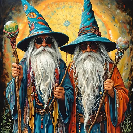 Prompt: Twin hippie wizards 