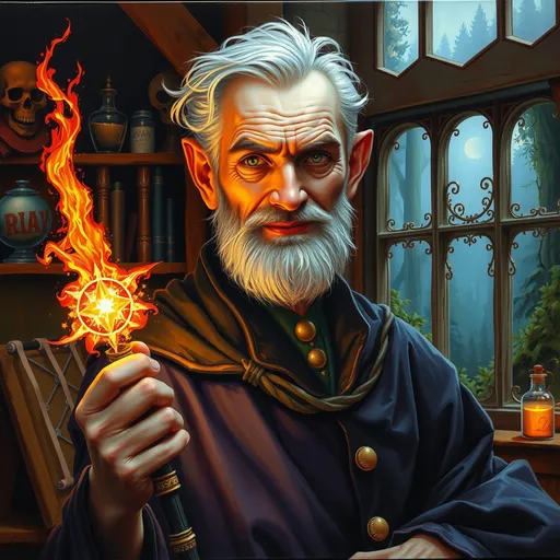 Prompt: dark fantasy oil painting, painted portrait of striking elderly actor, distinct looks, unique, holding a powerful glowing staff of power, glowing with magical energy, wizard in a mage tower with an elevated forest view out the window, mischievous smile, enchanting, magical robes, mage's workshop, alchemy apparatus.