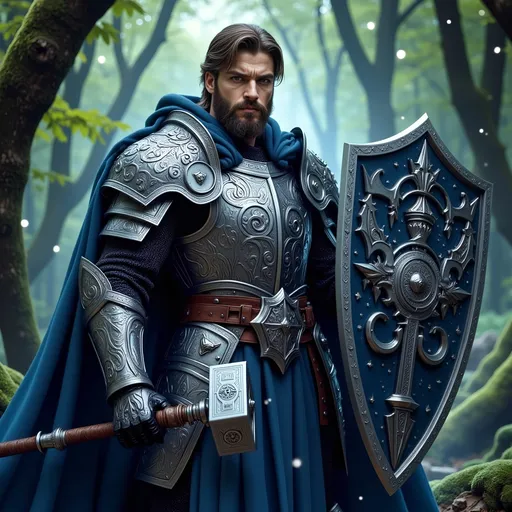 Prompt: A male Twilight Cleric from Dungeons and Dragons 5e, depicted in intricate detail. He is wearing shining platemail armor adorned with celestial and crescent moon motifs, symbolizing his connection to the twilight domain. His armor reflects faint moonlight, creating an ethereal glow. He wields a gleaming warhammer in one hand, and a large shield embossed with a serene, starry night sky in the other. A flowing dark blue and silver cape drapes behind him, adding to his majestic presence. He stands in a mystical twilight forest, with soft, glowing fireflies and faint beams of light filtering through the dense trees. His expression is calm yet resolute, embodying the balance between night and day, protection and destruction.