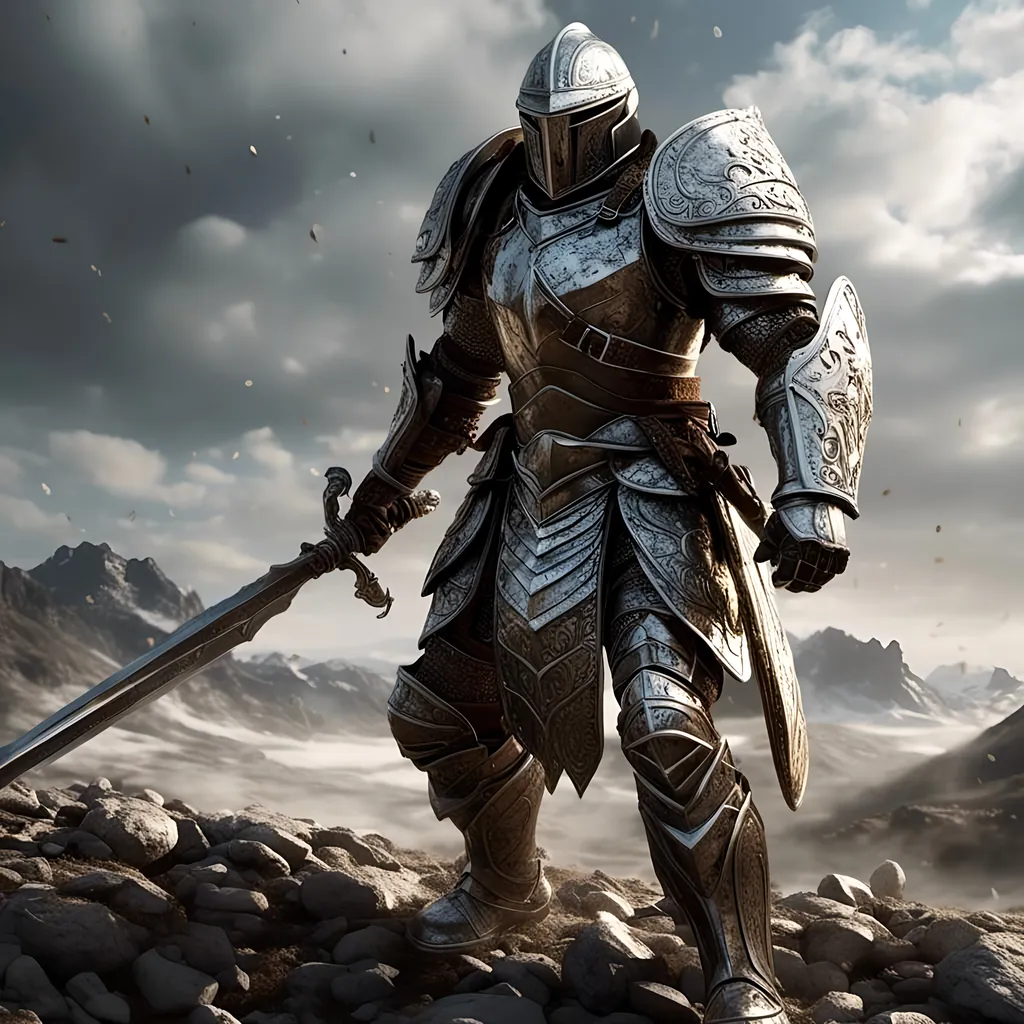 Prompt: <mymodel>A (full-body) armored fighter, focused stance in detailed armor, (strong and determined) expression, (reflective metallic texture), exhibiting battle readiness, dramatic shadows highlighting contours, (cinematic lighting) showcasing intricate designs in armor, imposing presence with a fierce background of a war-torn landscape, (ultra-detailed), (dynamic pose), evoking a sense of power and courage.