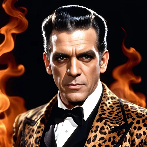 Prompt: Frankenstein Boris Karloff, mustard yellow skin, Elvis pompadour, leopard print jacket, beige or white undershirt, powerful sinister warlock, red, orange, and ochre brown colors, swirling Stark black smoke, glowing spell, haggard, highres, ultra-detailed, sinister, gothic, powerful spellcasting, detailed hair, atmospheric lighting