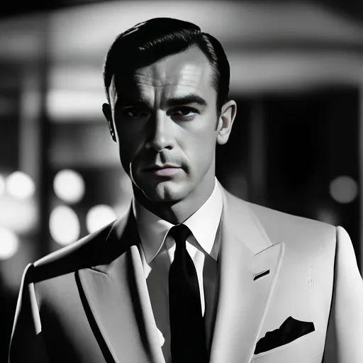 Prompt: Young James Bond, Sean Connery, iconic spy, sleek 60s attire, confident expression, classic black and white, cinematic lighting, high quality, iconic, suave, timeless, detailed facial features, professional, dramatic shadows, classic Bond, black and white, vintage, charismatic