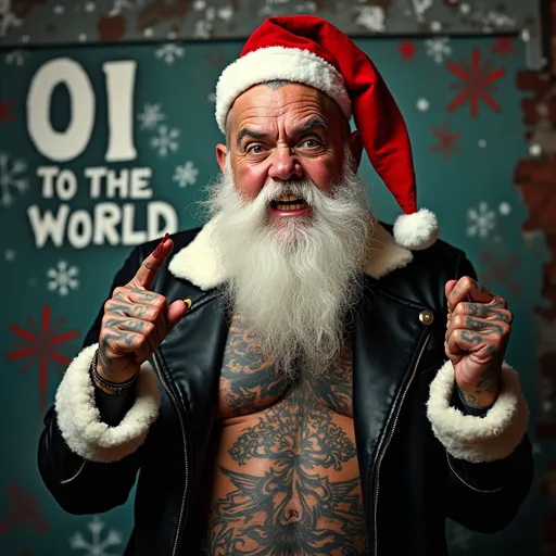 Prompt: (accurately spelled text "Oi to The World"), punk rock Santa Claus, bold tattoos, leather jacket, mischievous grin, shaved head, festive punk accessories, playful attitude, cool tone, whimsical backdrop of snowflakes and graffiti, high energy ambiance, dark and atmospheric lighting, ultra-detailed, artistic blend of holiday cheer and edgy style.