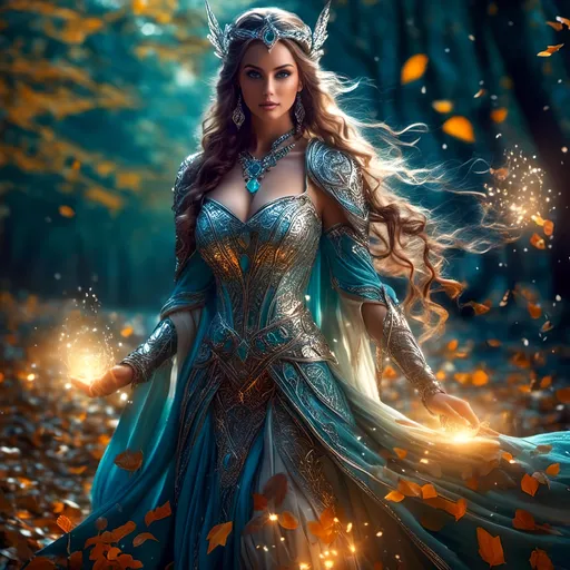 Prompt: <mymodel>(mystical elven enchantress casting a spell), dense enchanted woods, ethereal glow surrounding her, intricate flowing robes adorned with leaf patterns, delicate jewelry glimmering, vibrant colors highlighting her magic, soft ambient light filtering through leaves, (highly detailed) and (magical atmosphere), creating an impression of wonder and enchantment, 4K, ultra-detailed.