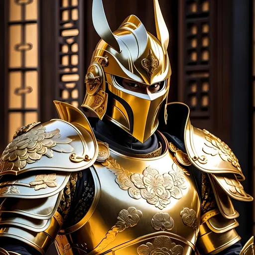Prompt: Samurai in golden armor, traditional Japanese setting, intricate golden details, fierce and determined expression, high quality, detailed, realistic, traditional, golden tones, dramatic lighting